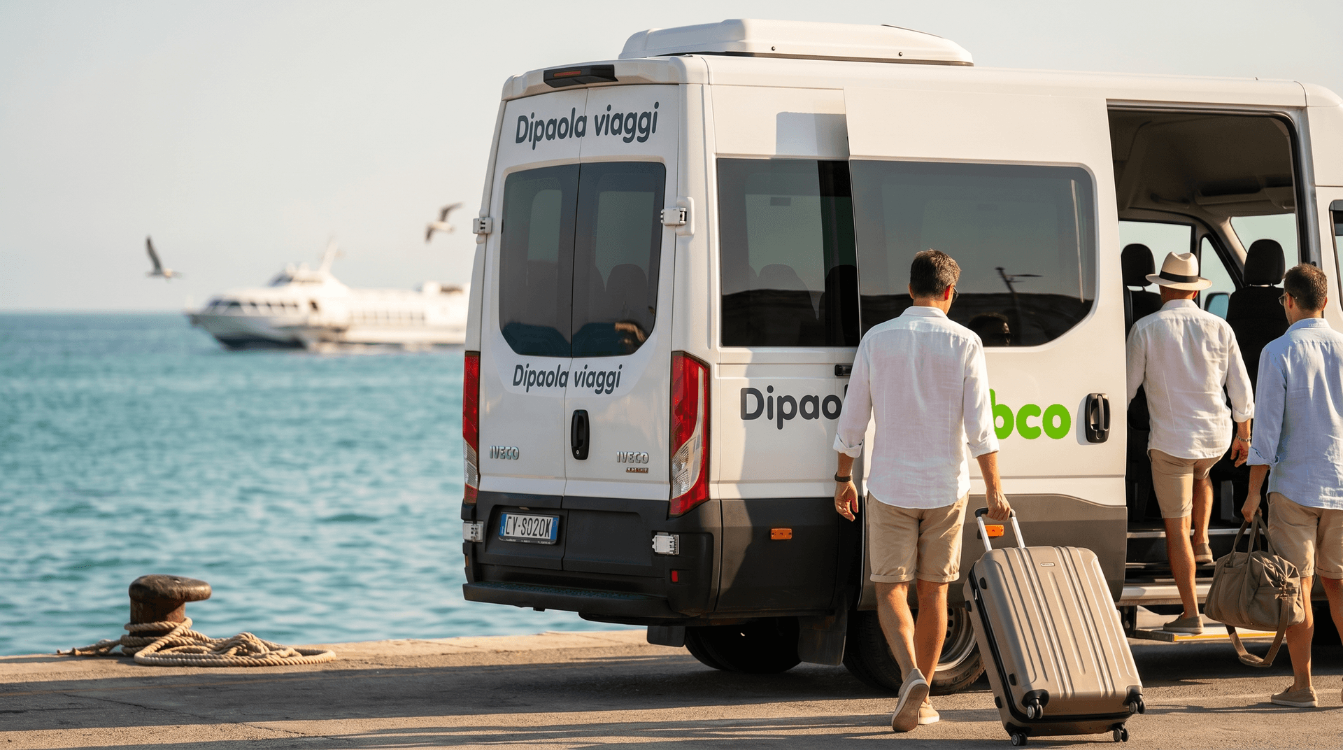 Passeggeri salgono sul van Dipaola Viaggi al porto