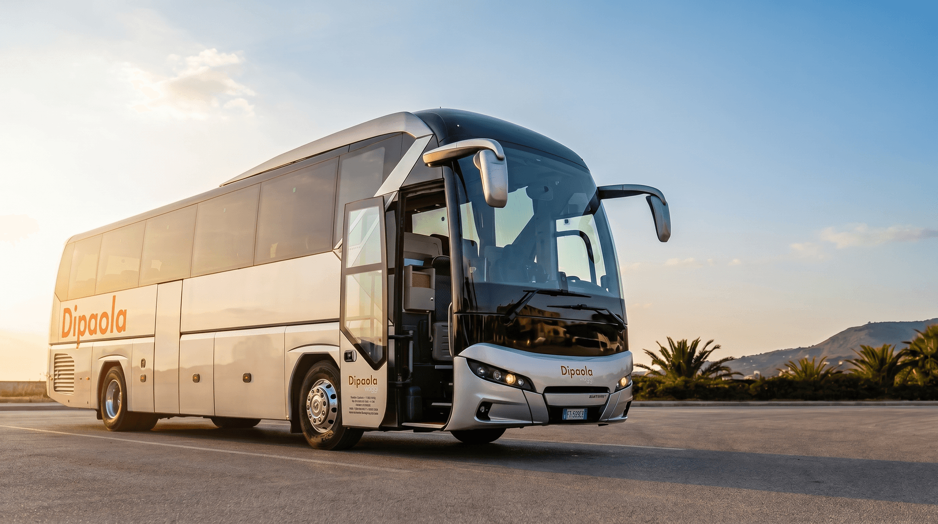 Bus Dipaola Viaggi al tramonto con palme e colline siciliane